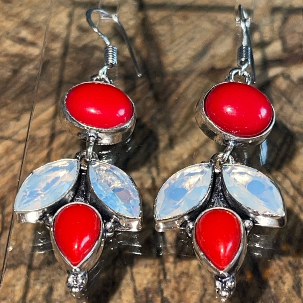 Red Onyx & Faceted Opalite Earrings 2”